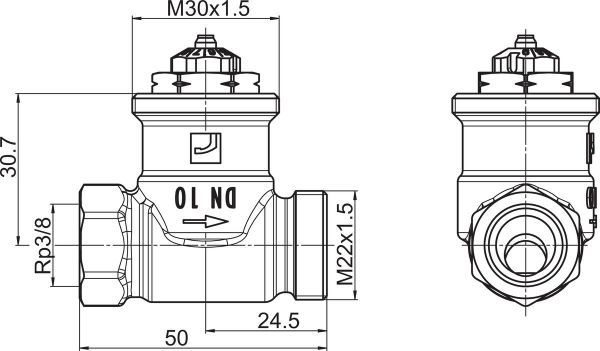 Patteriventtiili Oras 443010 Stabila Pro 3/8" (DN10) suora L=50