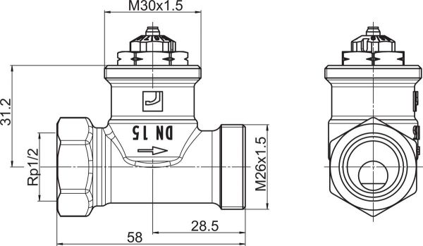 Patteriventtiili Oras 443015 Stabila Pro 1/2" (DN15) suora L=58