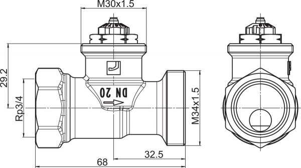 Patteriventtiili Oras 443020 Stabila Pro 3/4" (DN20) suora L=68