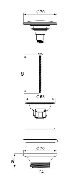 Pohjaventtiili PREVEX 135344 POP UP R1 1/4", 70 mm, muovi, kromi